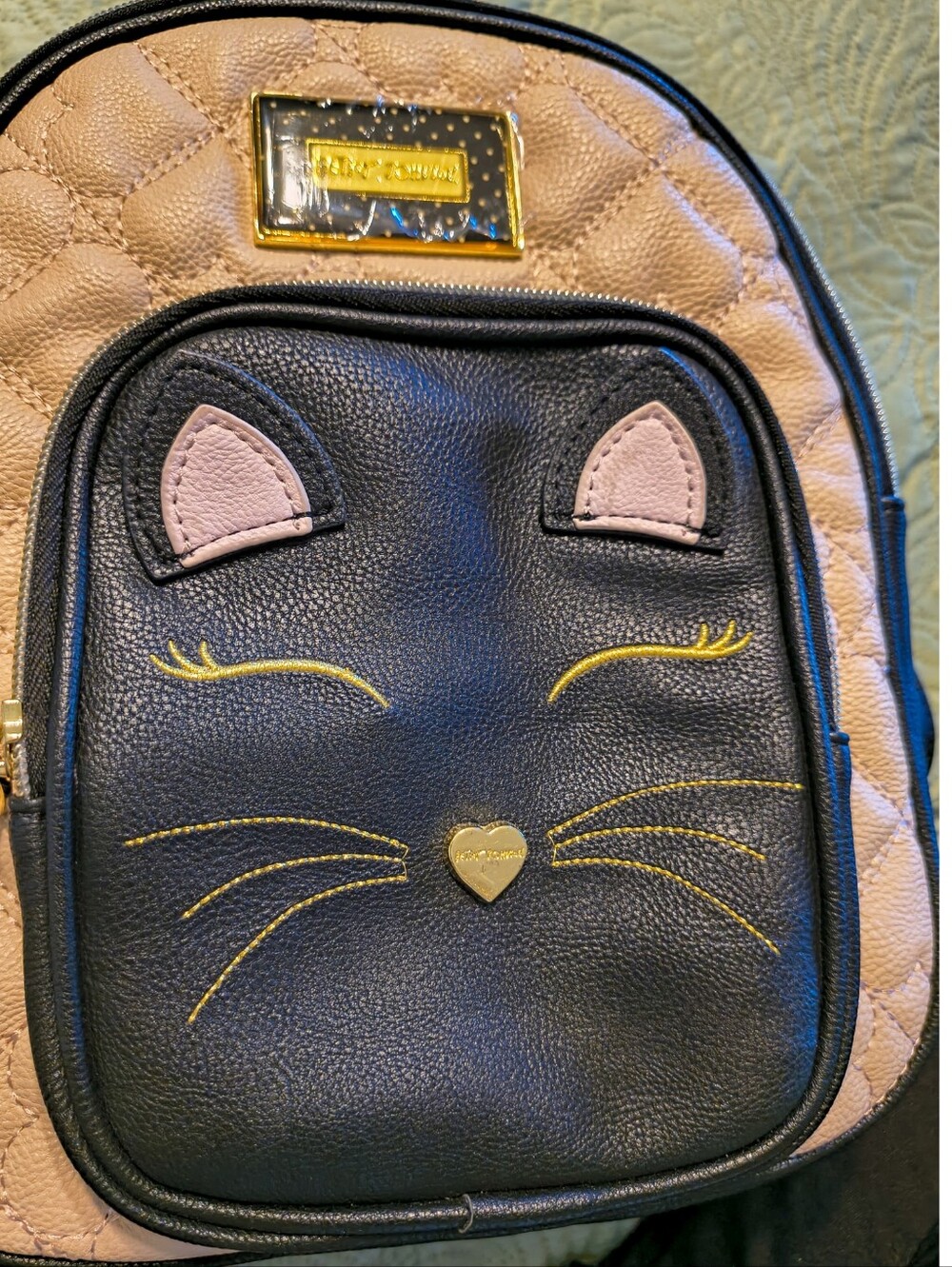 Betsey Johnson Black & Pink Quilted Cat Backpack with Gold Accents